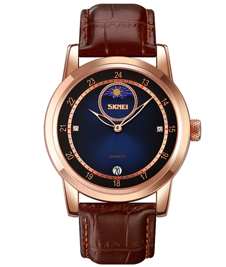 Skmei 9300 mens dress watch quartz moonphase watch w leather strap